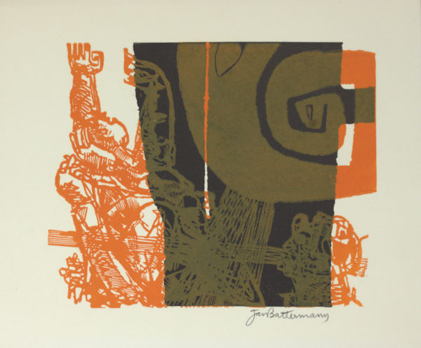 Battermann, Jan. - Abstracte compositie met dramatisch realistische elementen.